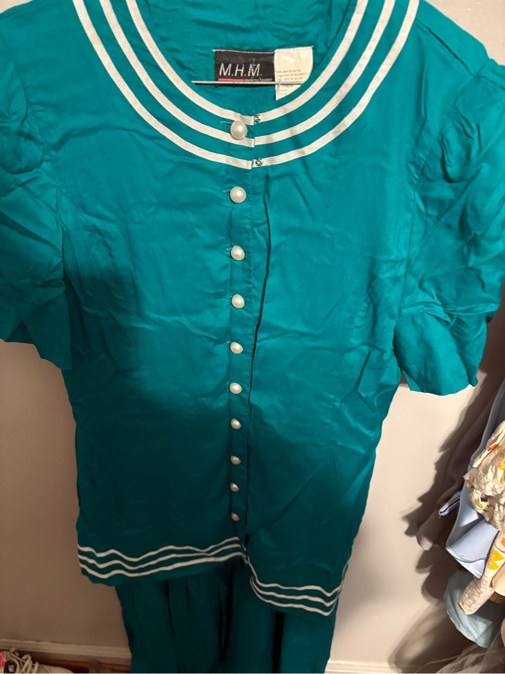 Teal Button-Front Nautical Trim Women's Top